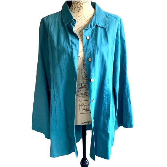 Linen/cotton long jacket in a beautiful muted turquoise blue size L - Picture 1 of 8